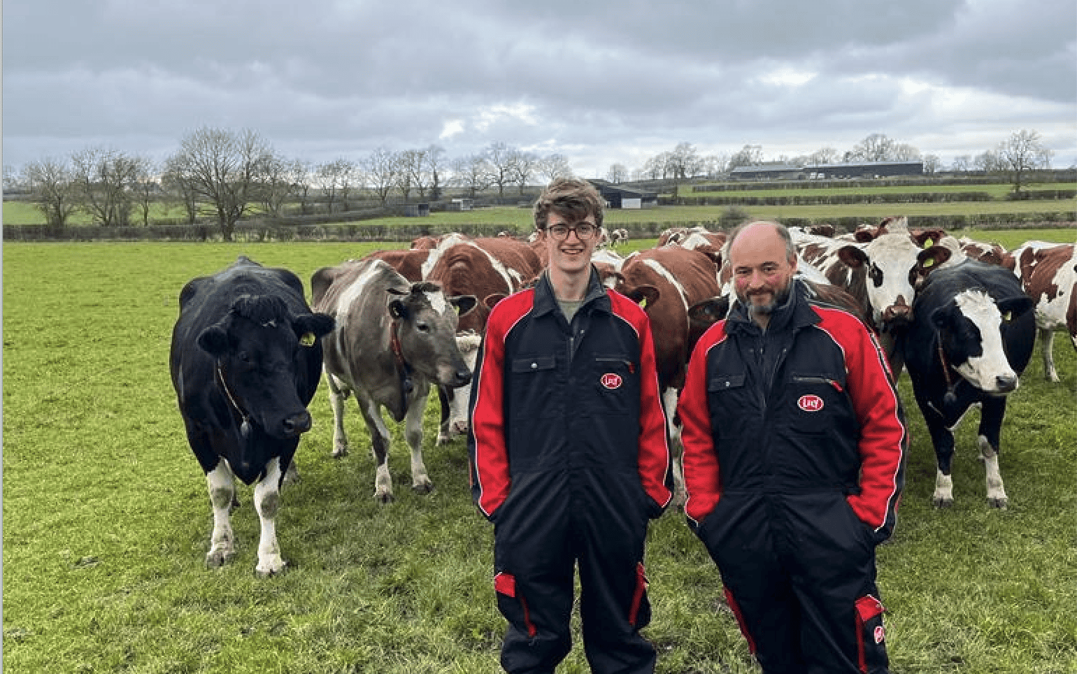 Dairy farm workers standing with cows in a lush green pasture under cloudy skies.