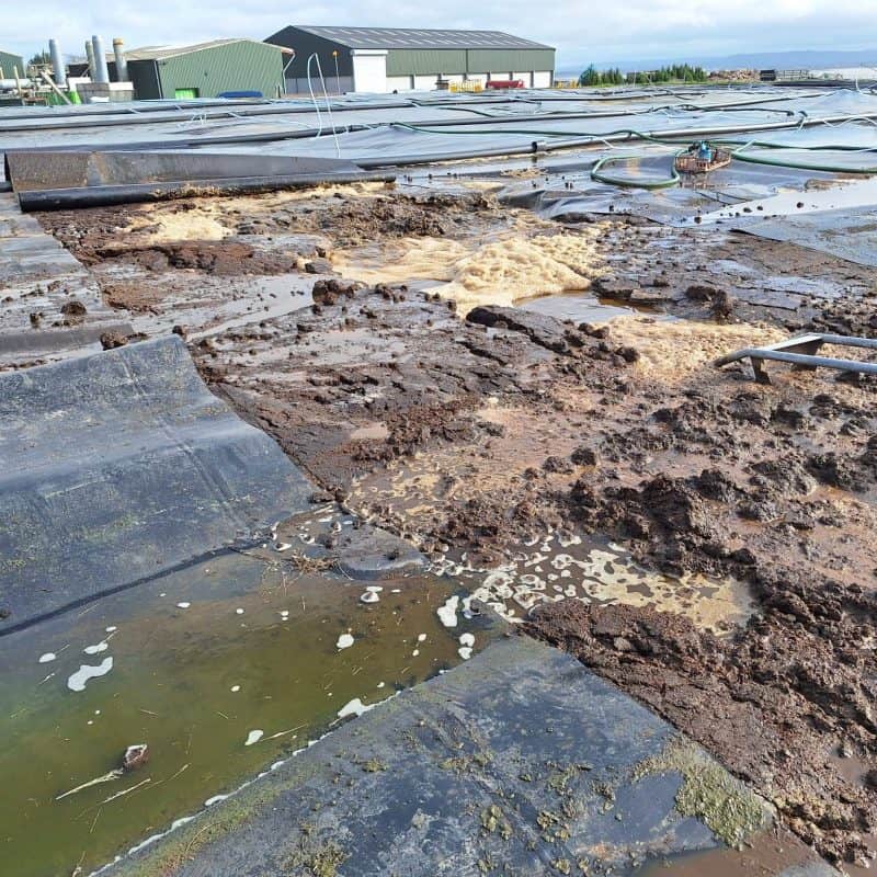Crust damage on slurry store covers affecting farm operations.
