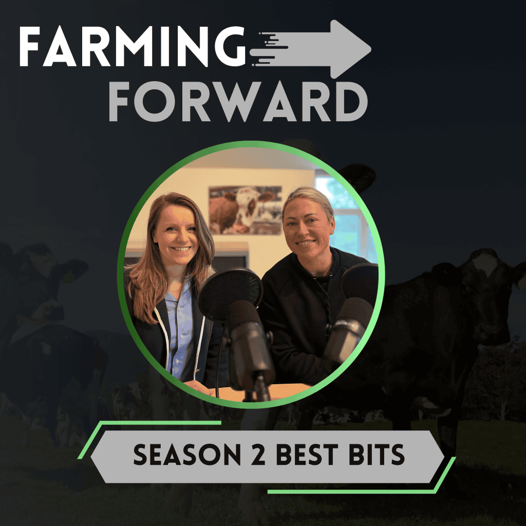 The Farming Forward Podcast logo featuring two women speaking into microphones.