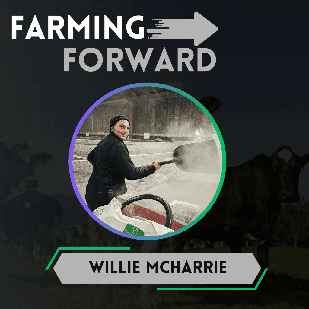 Farmer Willie McHarrie spraying crops on a farm field.