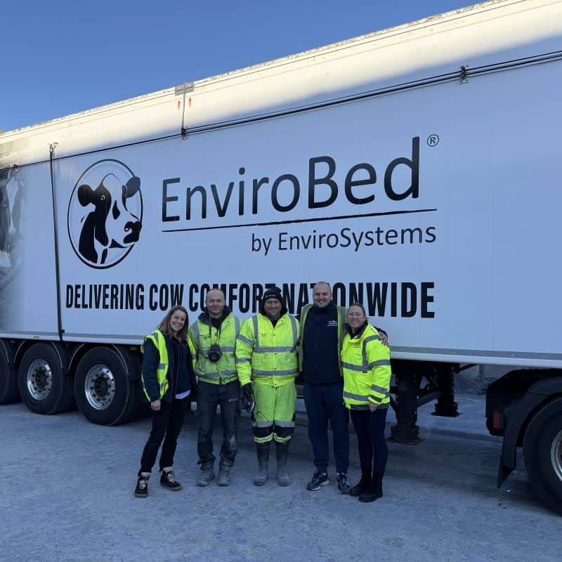 EnviroBed cow transport truck with staff in high-visibility jackets.