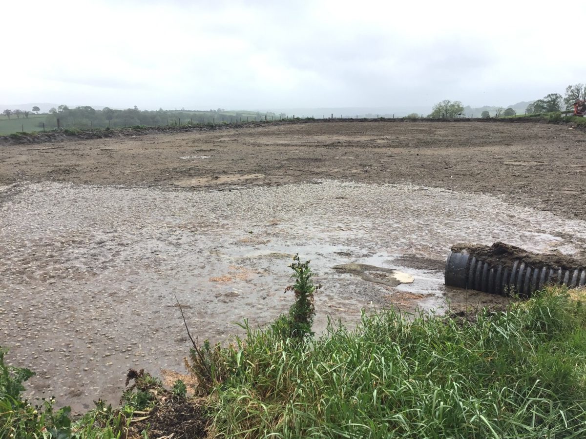 Empty farm field prepared for slurry application in Welsh dairy farm.
